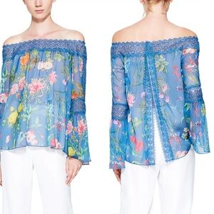New Tadashi Shoji Romance Crochet Trim Mailys Off Shoulder Top Blue Y2k Size 10